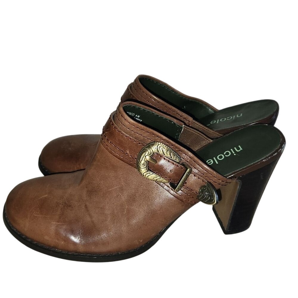 Nicole Frisco Brown Leather Buckle Clog Mule Heels Western Women's Size 6